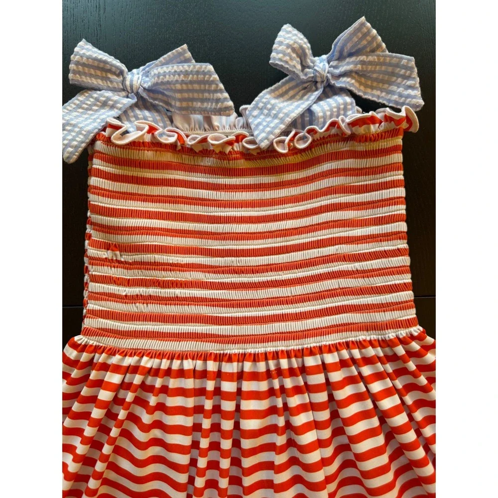 BB Baby Crab Smocked Sundress Girls Size 7 Striped Bow Sleeves Summer Resortwear - Picture 9 of 15
